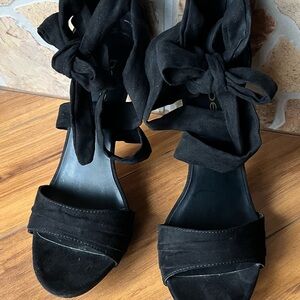 Bebe Black Suede Wrap Heels